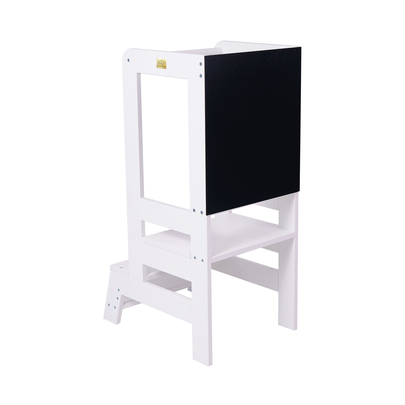 Ayudante de cocina de madera con tablero negro, blanco