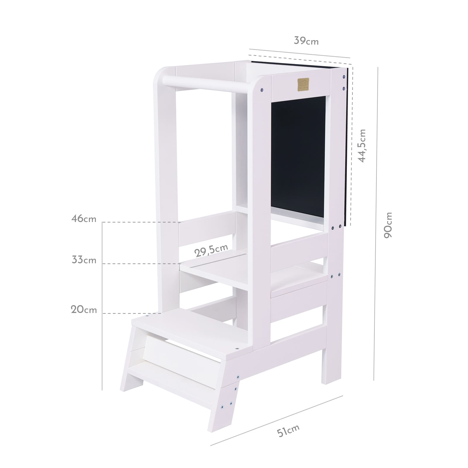 Ayudante de cocina de madera con tablero negro, blanco
