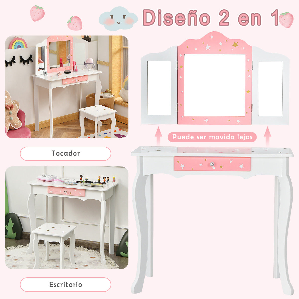Set Mesa Tocador y Taburete para Niños Juego Mesa y Silla Maquillaje con Espejo Tripartido Desmontable Cajón Blanco y Rosa