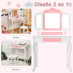 Set Mesa Tocador y Taburete para Niños Juego Mesa y Silla Maquillaje con Espejo Tripartido Desmontable Cajón Blanco y Rosa