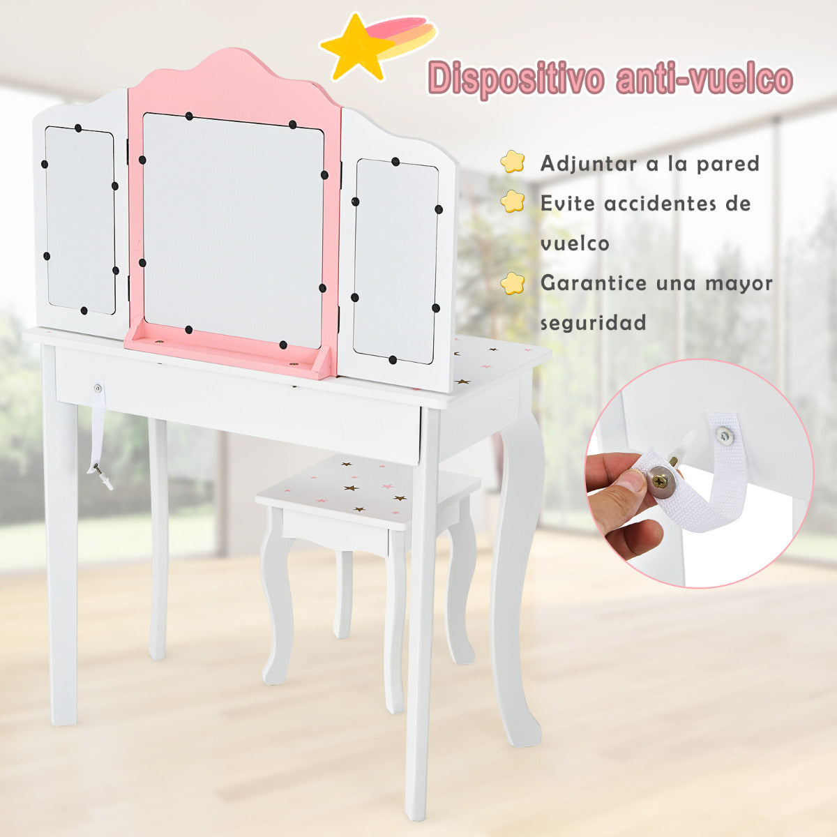 Set Mesa Tocador y Taburete para Niños Juego Mesa y Silla Maquillaje con Espejo Tripartido Desmontable Cajón Blanco y Rosa
