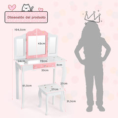 Set Mesa Tocador y Taburete para Niños Juego Mesa y Silla Maquillaje con Espejo Tripartido Desmontable Cajón Blanco y Rosa