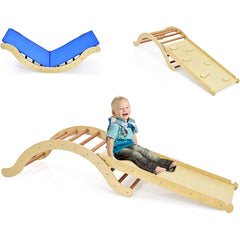 3 en 1 Set Escalera Plegable para Niños Arco Escalada Rampa Reversible para Escalar y Deslizar de Madera con Estera Carga 60 kg Natural