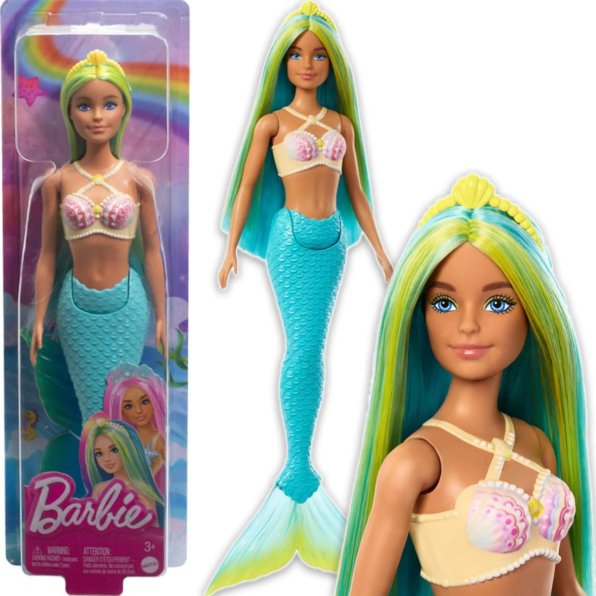 Muñeca Barbie Sirena con Pelo Verde y Azul Cola Azul HRR03