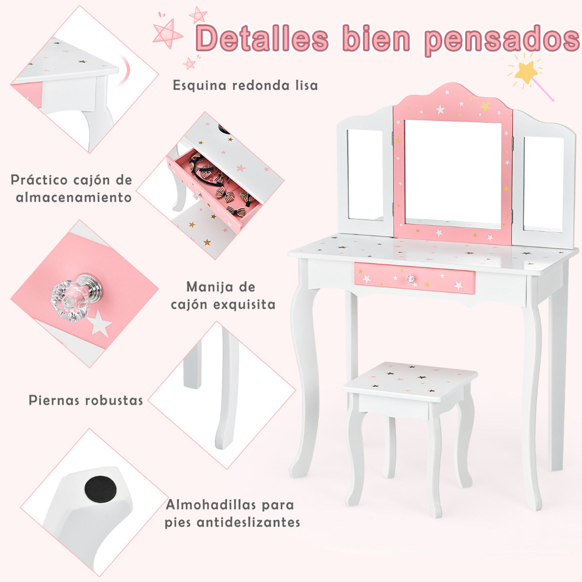 Set Mesa Tocador y Taburete para Niños Juego Mesa y Silla Maquillaje con Espejo Tripartido Desmontable Cajón Blanco y Rosa