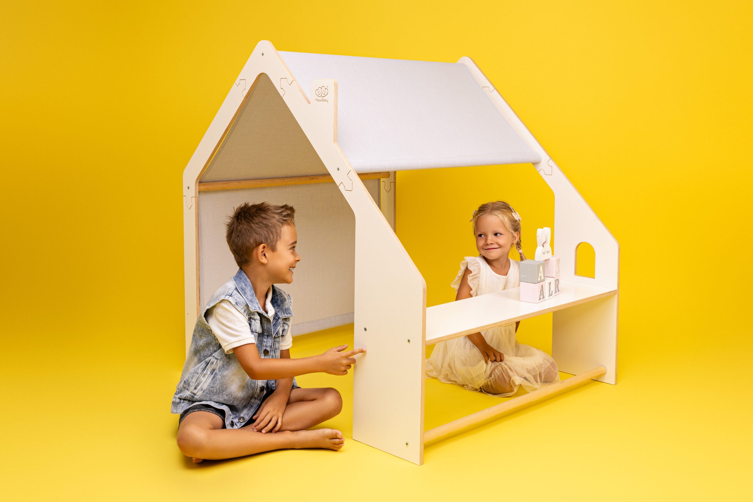 MeowBaby® Casita de Madera Blanca para Niños - Techo Azul - ZuriBoo