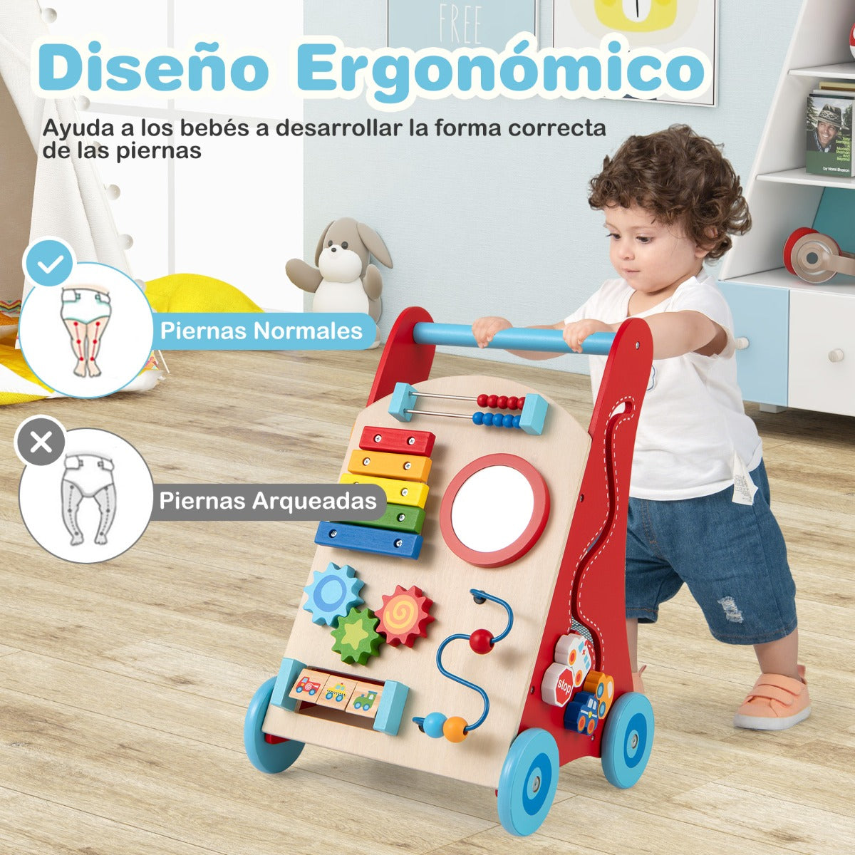 Andador de Madera para Bebé 3+ Años con Asa Almacenaje y Ruedas Juguete de Actividades de Empuje y Tirón Multicolor