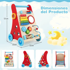 Andador de Madera para Bebé 3+ Años con Asa Almacenaje y Ruedas Juguete de Actividades de Empuje y Tirón Multicolor