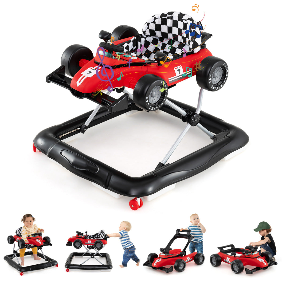 Andador para Bebé 4 en 1 Centro de Actividades con Altura Ajustable Asiento Música Coche Empujable Convertible para Niños 6-18 Meses Rojo