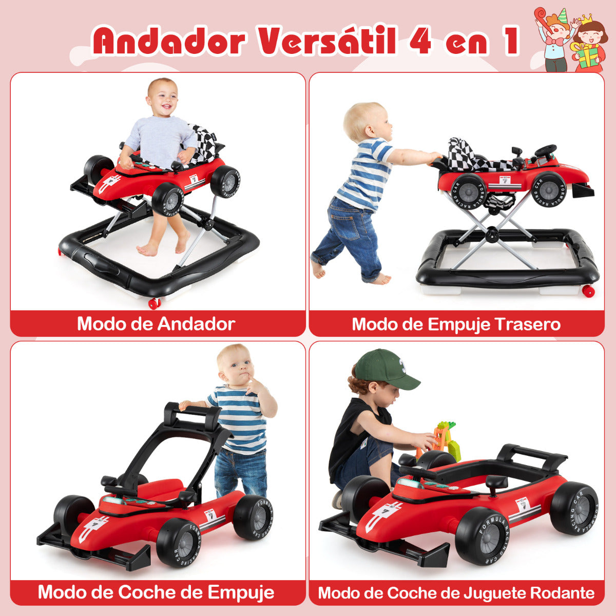 Andador para Bebé 4 en 1 Centro de Actividades con Altura Ajustable Asiento Música Coche Empujable Convertible para Niños 6-18 Meses Rojo