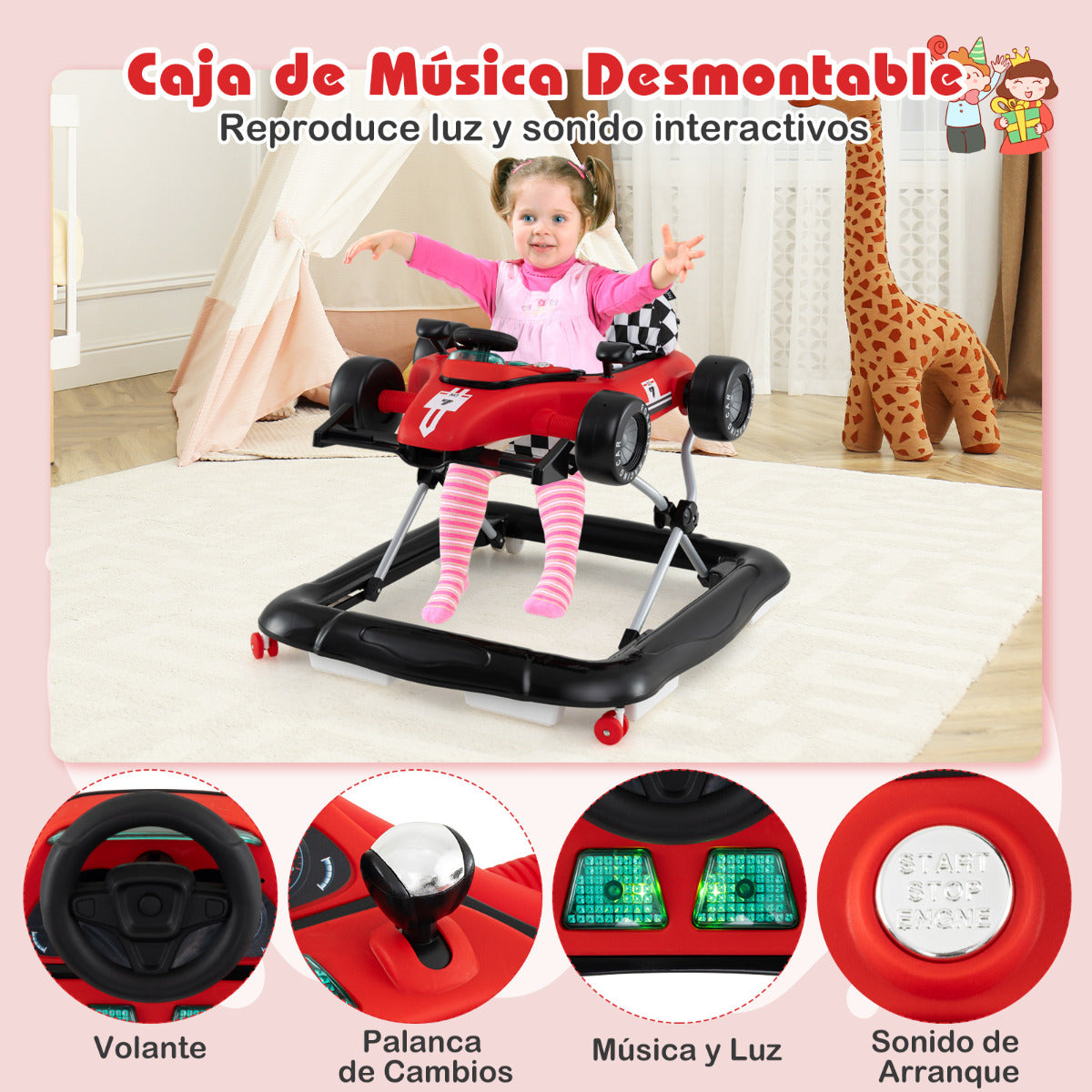 Andador para Bebé 4 en 1 Centro de Actividades con Altura Ajustable Asiento Música Coche Empujable Convertible para Niños 6-18 Meses Rojo