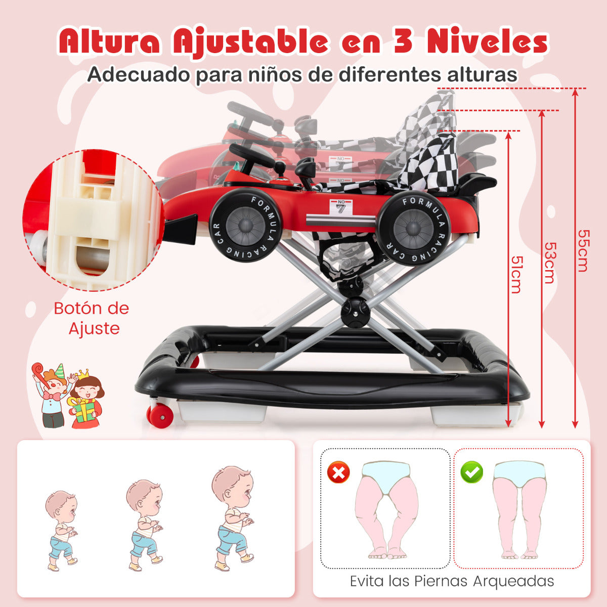 Andador para Bebé 4 en 1 Centro de Actividades con Altura Ajustable Asiento Música Coche Empujable Convertible para Niños 6-18 Meses Rojo