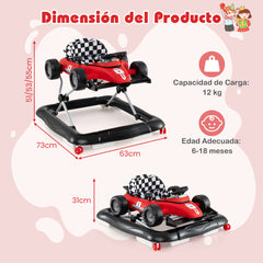 Andador para Bebé 4 en 1 Centro de Actividades con Altura Ajustable Asiento Música Coche Empujable Convertible para Niños 6-18 Meses Rojo