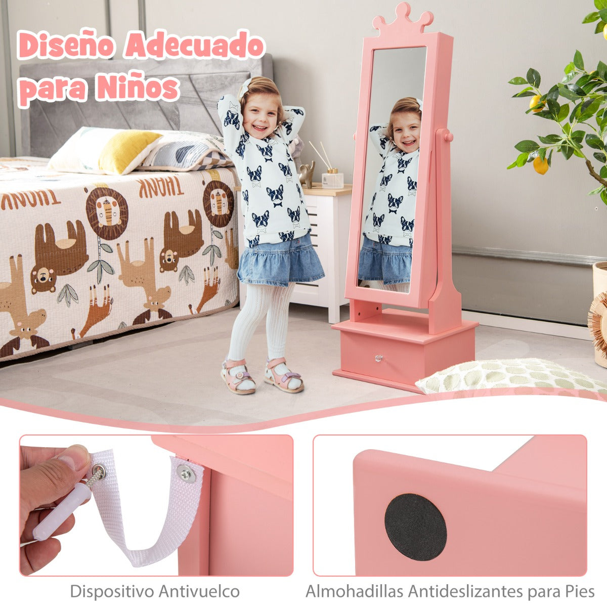 Armario de Joyería para Niños con Espejo de Cuerpo Entero y 3 Cajones 2 Ángulos de Inclinación Ajustables 34 x 30 x 103/113cm Rosa