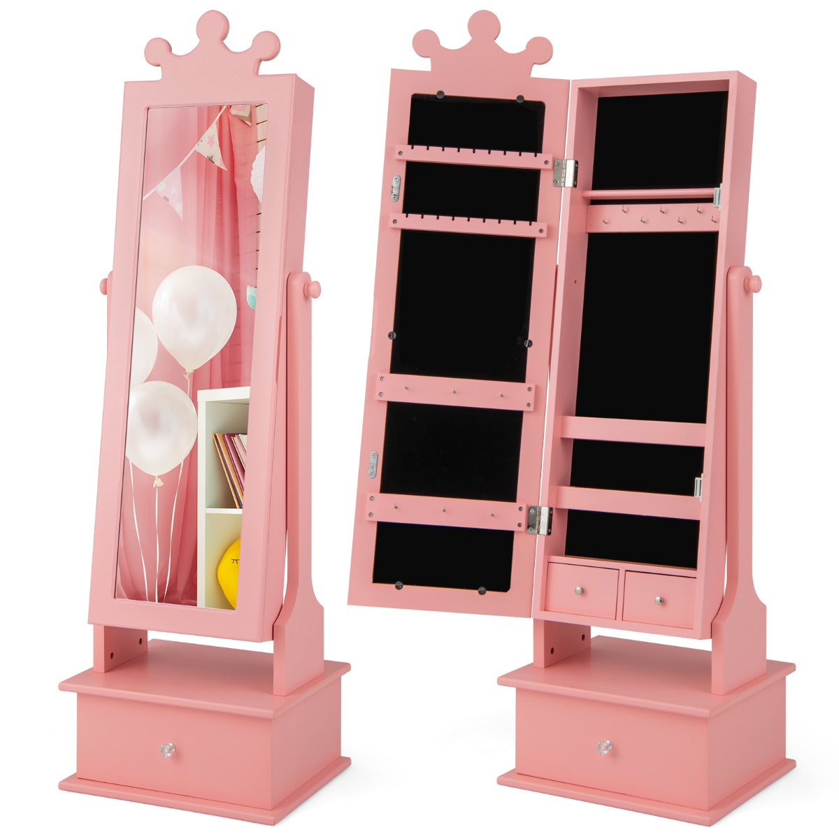 Armario de Joyería para Niños con Espejo de Cuerpo Entero y 3 Cajones 2 Ángulos de Inclinación Ajustables 34 x 30 x 103/113cm Rosa