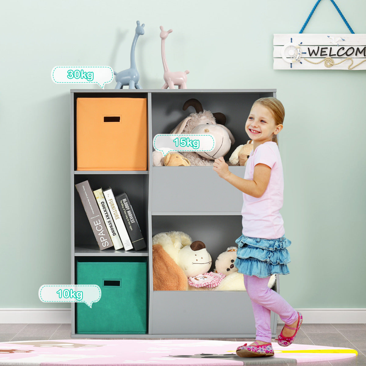 Armario Infantil para Juguetes Organizador de Juguetes 3 Cubos y 2 Cajas Abiertas Estantería para Niños Salón 76 x 28 x 94 cm Gris