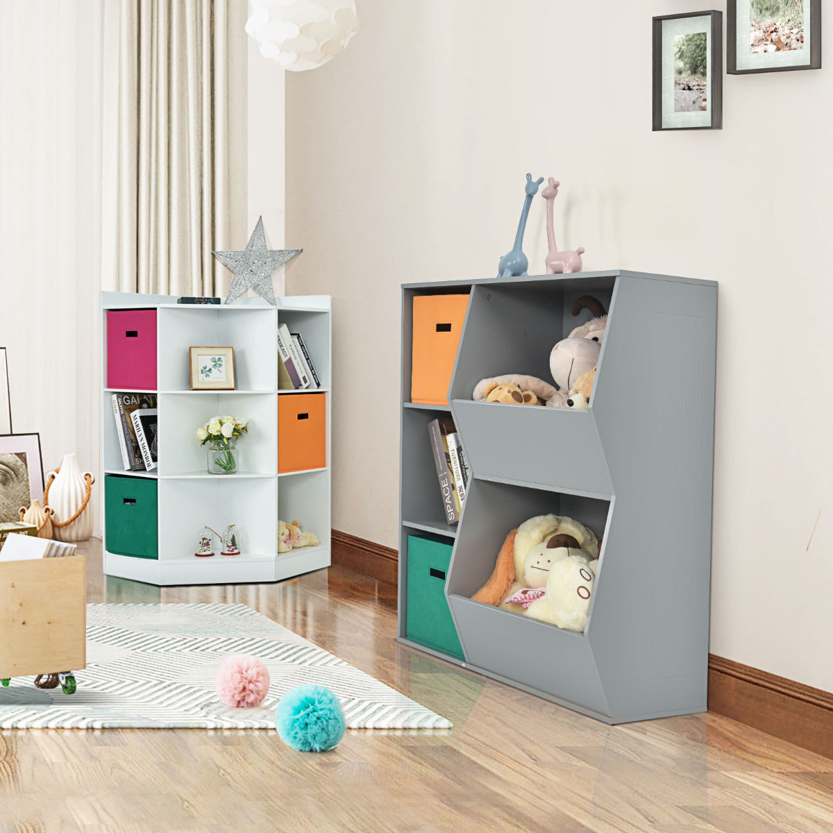 Armario Infantil para Juguetes Organizador de Juguetes 3 Cubos y 2 Cajas Abiertas Estantería para Niños Salón 76 x 28 x 94 cm Gris