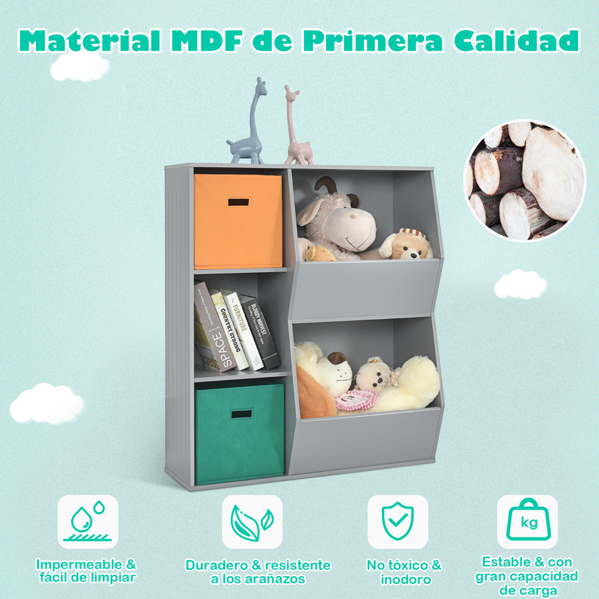 Armario Infantil para Juguetes Organizador de Juguetes 3 Cubos y 2 Cajas Abiertas Estantería para Niños Salón 76 x 28 x 94 cm Gris