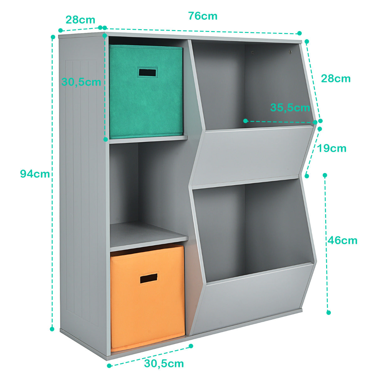 Armario Infantil para Juguetes Organizador de Juguetes 3 Cubos y 2 Cajas Abiertas Estantería para Niños Salón 76 x 28 x 94 cm Gris