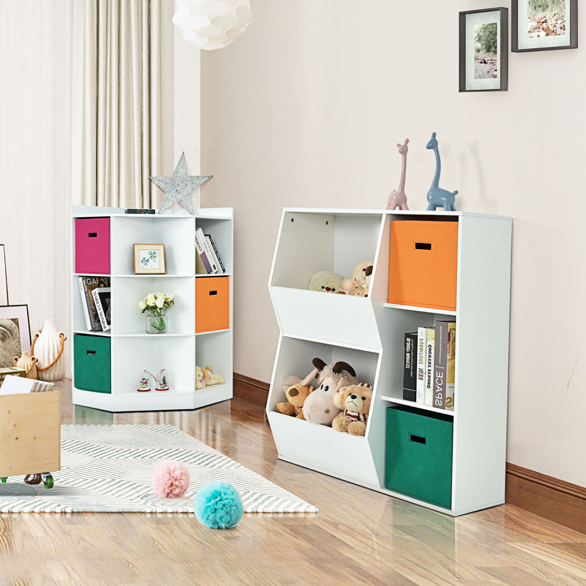 Armario Infantil para Juguetes Organizador de Juguetes 3 Cubos y 2 Cajas Abiertas Estantería para Niños Salón 76 x 28 x 94 cm Blanco
