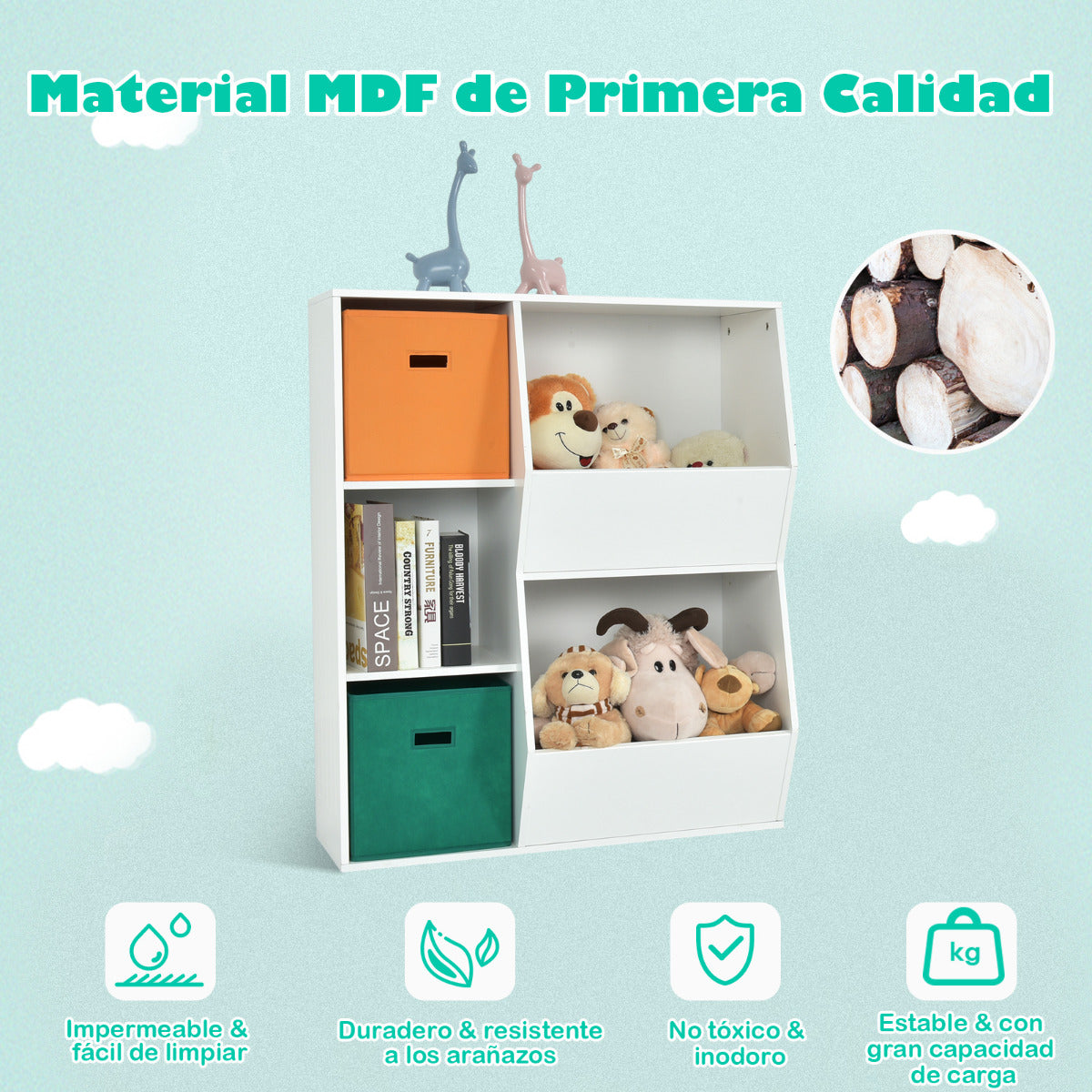 Armario Infantil para Juguetes Organizador de Juguetes 3 Cubos y 2 Cajas Abiertas Estantería para Niños Salón 76 x 28 x 94 cm Blanco
