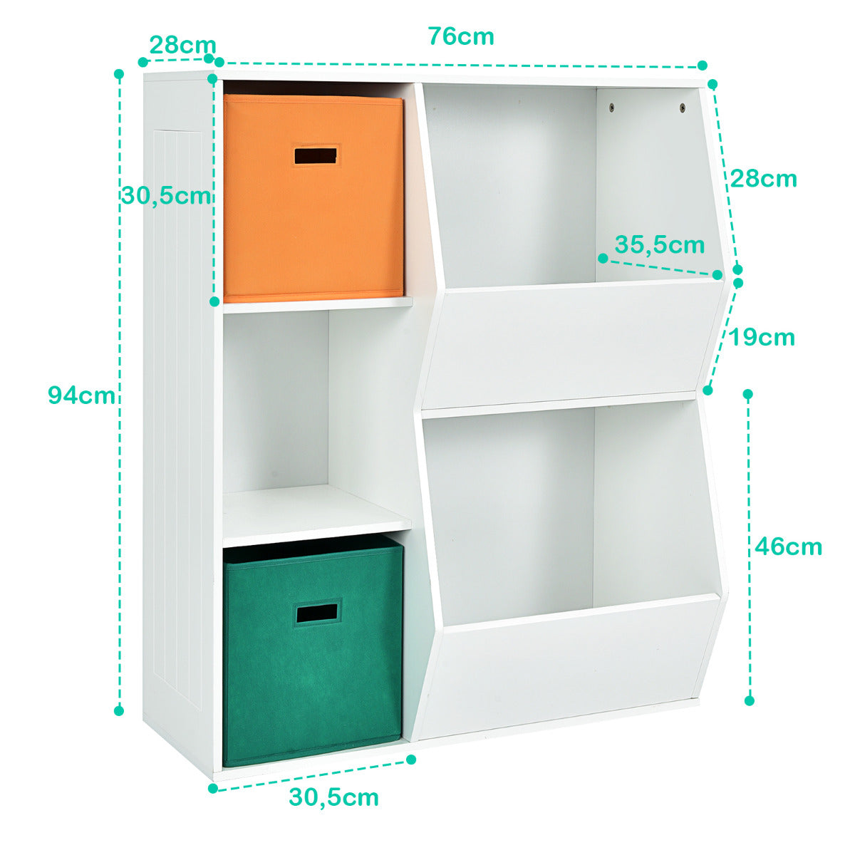 Armario Infantil para Juguetes Organizador de Juguetes 3 Cubos y 2 Cajas Abiertas Estantería para Niños Salón 76 x 28 x 94 cm Blanco