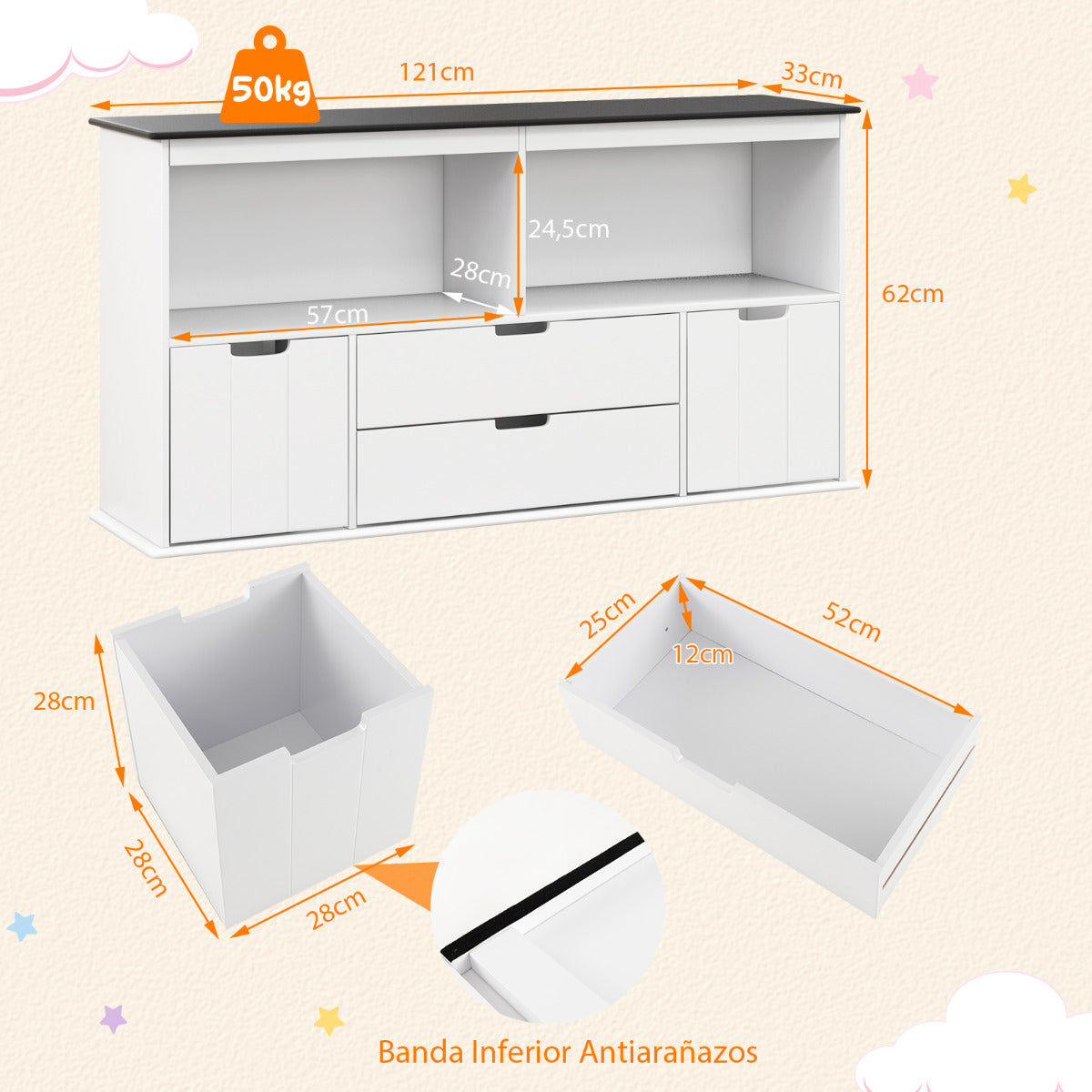 Armario Infantil con 4 Cajones para Juguetes Organizador de Almacenamiento para Niños para Habitación Infantil 121 x 33 x 62 cm Blanco