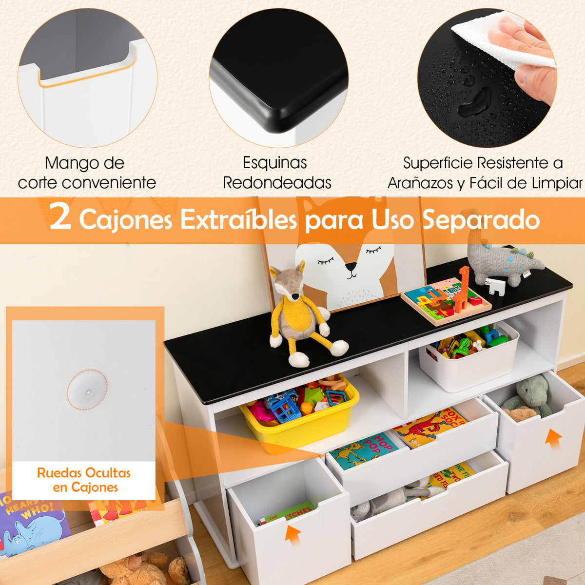 Armario Infantil con 4 Cajones para Juguetes Organizador de Almacenamiento para Niños para Habitación Infantil 121 x 33 x 62 cm Blanco