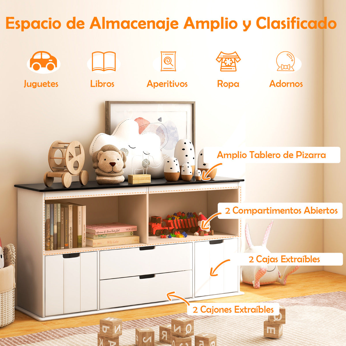 Armario Infantil con 4 Cajones para Juguetes Organizador de Almacenamiento para Niños para Habitación Infantil 121 x 33 x 62 cm Blanco