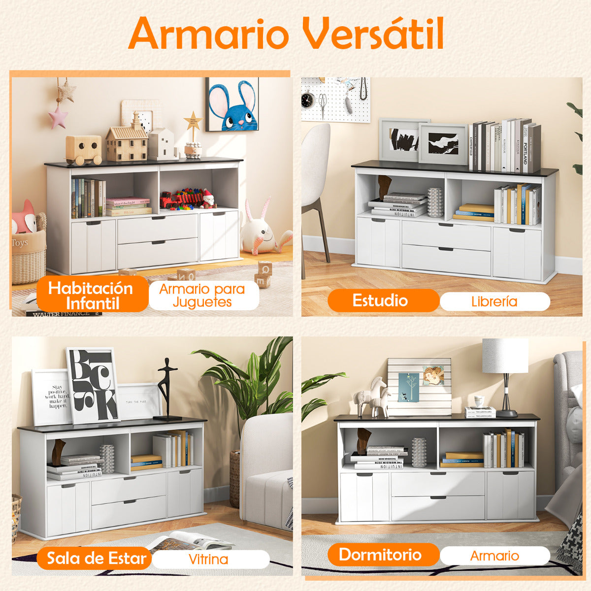 Armario Infantil con 4 Cajones para Juguetes Organizador de Almacenamiento para Niños para Habitación Infantil 121 x 33 x 62 cm Blanco