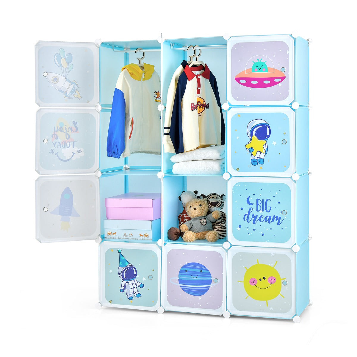 Armario Modular Infantil Portátil Estantería de 12 Cubos con 2 Secciones de Colgar para Juguetes Zapatos Ropas 107 x 36 x 142 cm Azul