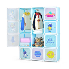 Armario Modular Infantil Portátil Estantería de 12 Cubos con 2 Secciones de Colgar para Juguetes Zapatos Ropas 107 x 36 x 142 cm Azul