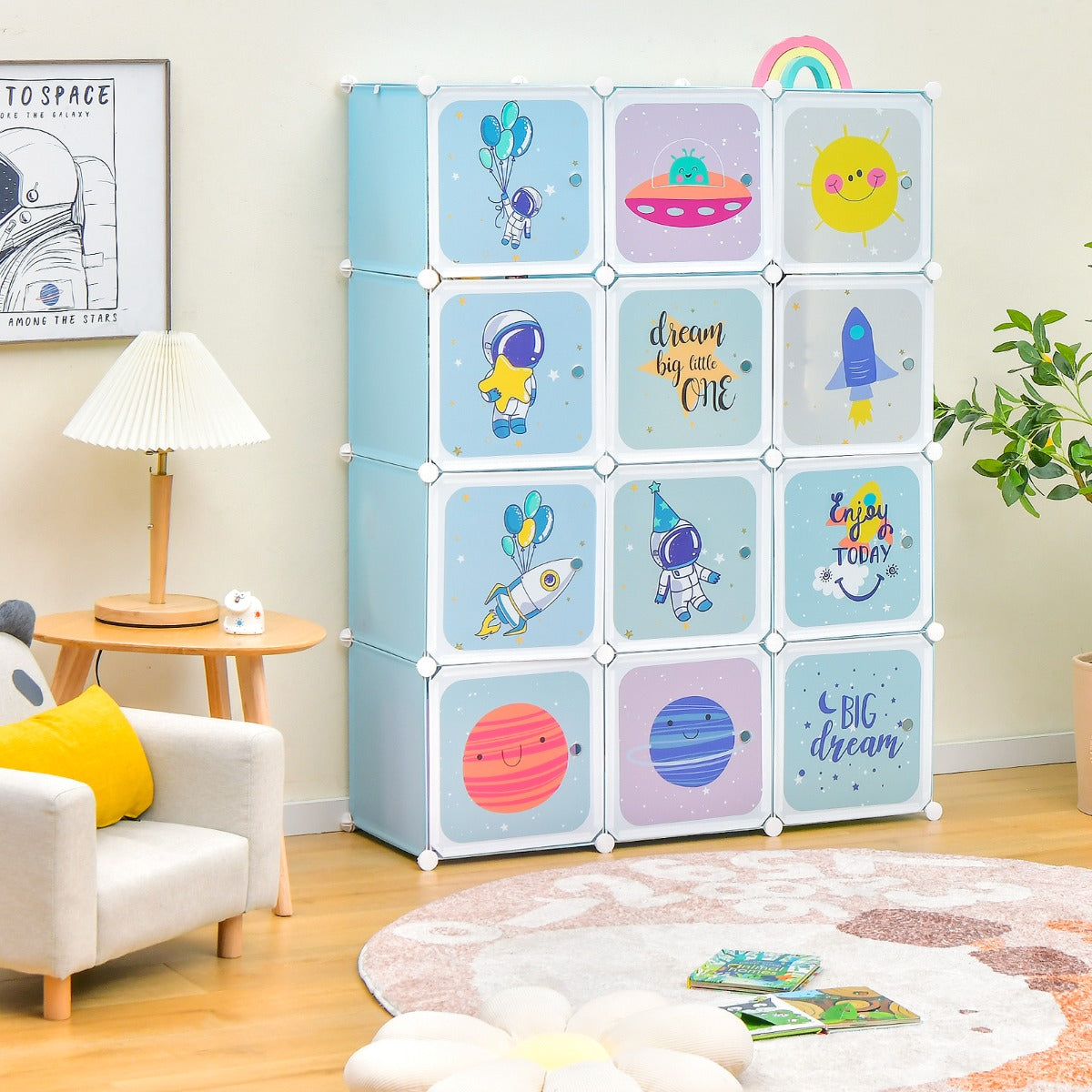 Armario Modular Infantil Portátil Estantería de 12 Cubos con 2 Secciones de Colgar para Juguetes Zapatos Ropas 107 x 36 x 142 cm Azul