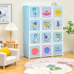 Armario Modular Infantil Portátil Estantería de 12 Cubos con 2 Secciones de Colgar para Juguetes Zapatos Ropas 107 x 36 x 142 cm Azul