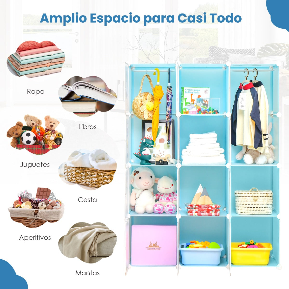 Armario Modular Infantil Portátil Estantería de 12 Cubos con 2 Secciones de Colgar para Juguetes Zapatos Ropas 107 x 36 x 142 cm Azul
