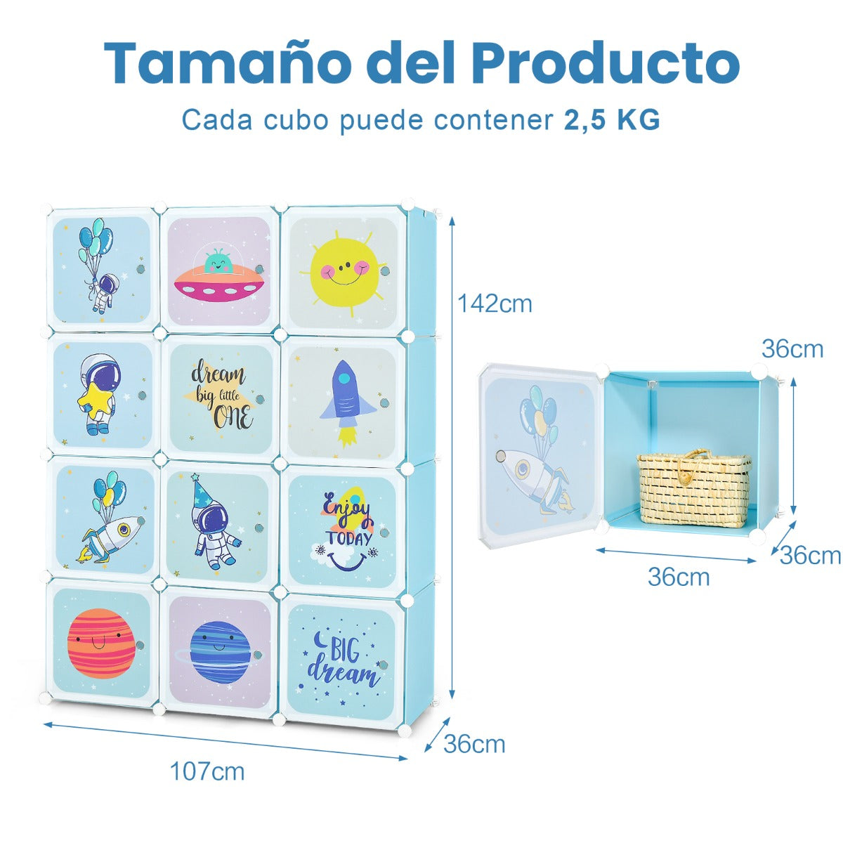 Armario Modular Infantil Portátil Estantería de 12 Cubos con 2 Secciones de Colgar para Juguetes Zapatos Ropas 107 x 36 x 142 cm Azul