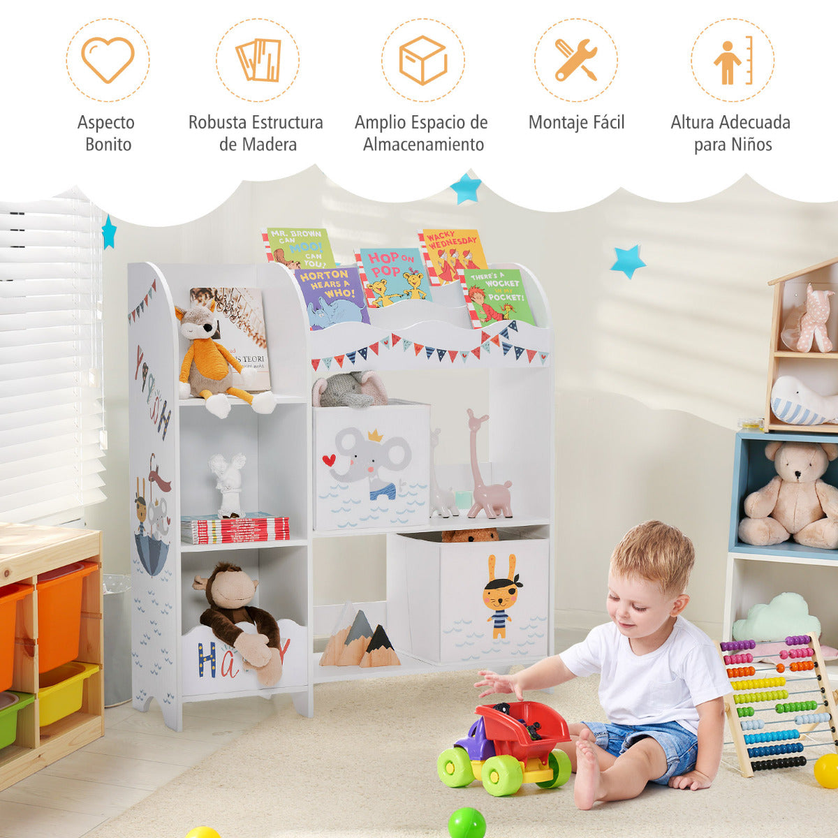 Armario para Niños Organizador con 3 Niveles y 5 Compartimientos 2 Cajones de Tejido para Libros Juguetes 93 x 30 x 102 cm Blanco