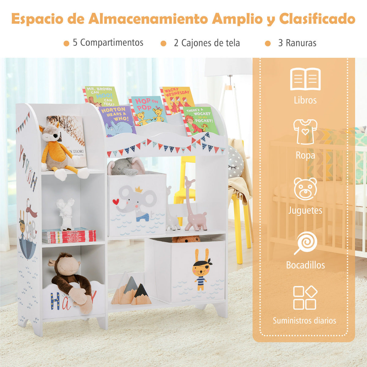 Armario para Niños Organizador con 3 Niveles y 5 Compartimientos 2 Cajones de Tejido para Libros Juguetes 93 x 30 x 102 cm Blanco