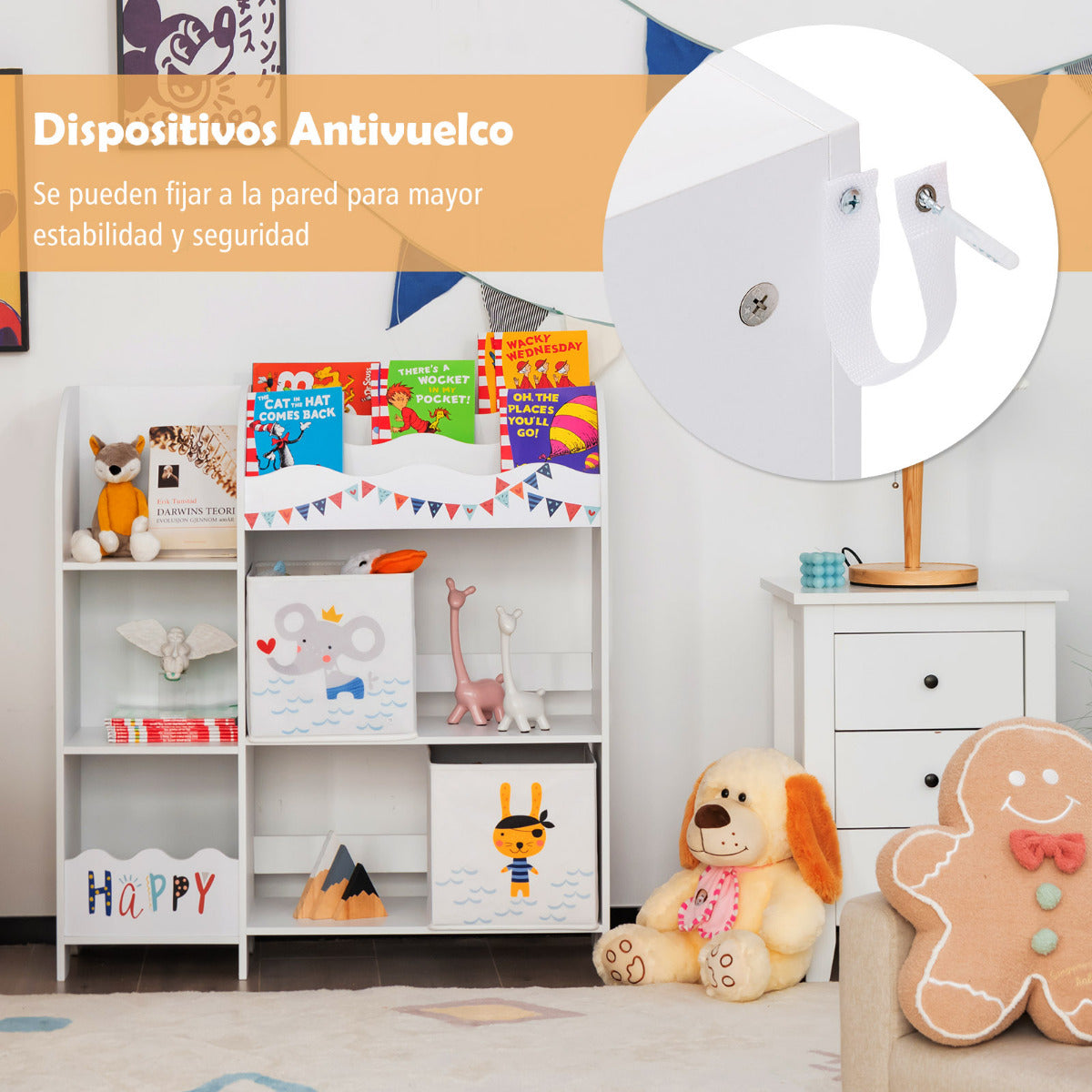 Armario para Niños Organizador con 3 Niveles y 5 Compartimientos 2 Cajones de Tejido para Libros Juguetes 93 x 30 x 102 cm Blanco