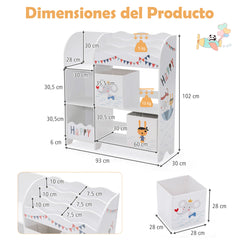 Armario para Niños Organizador con 3 Niveles y 5 Compartimientos 2 Cajones de Tejido para Libros Juguetes 93 x 30 x 102 cm Blanco