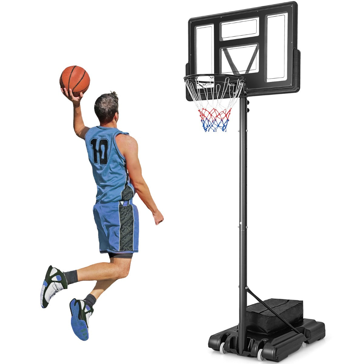 Aro de Baloncesto Portátil Portería Ajustables en Altura de 11 Niveles con Tablero de 110 cm Base Rellenable Bolsa de Pesas para Niños