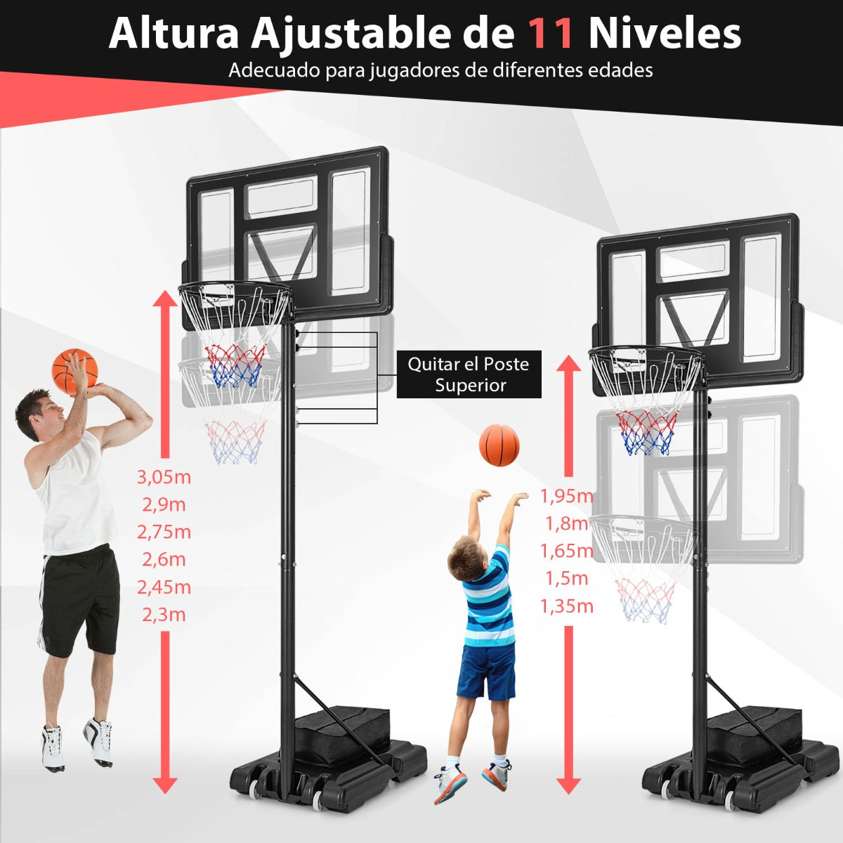 Aro de Baloncesto Portátil Portería Ajustables en Altura de 11 Niveles con Tablero de 110 cm Base Rellenable Bolsa de Pesas para Niños