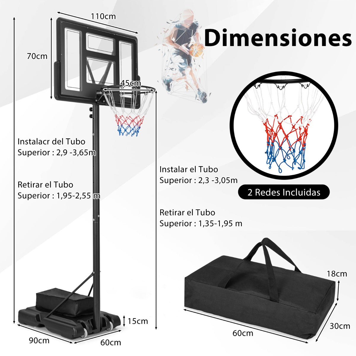 Aro de Baloncesto Portátil Portería Ajustables en Altura de 11 Niveles con Tablero de 110 cm Base Rellenable Bolsa de Pesas para Niños