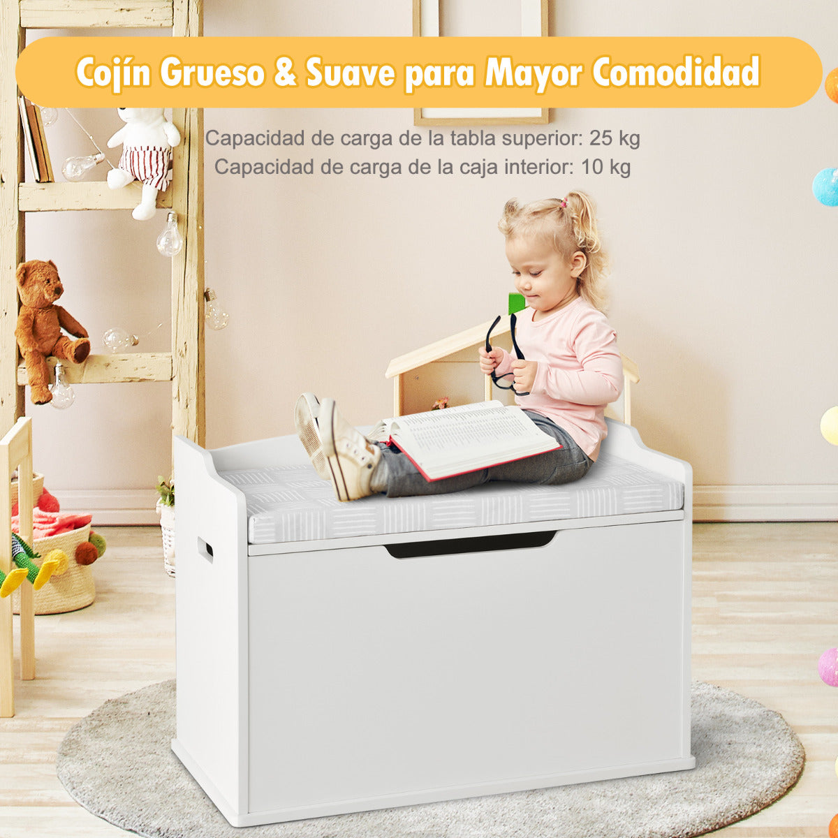 Baúl de Juguetes Cofre de Almacenamiento con Tapa Elevable Caja de Juguetes y Cofre con Banco Doble Uso como Banco Grande de Madera Blanco