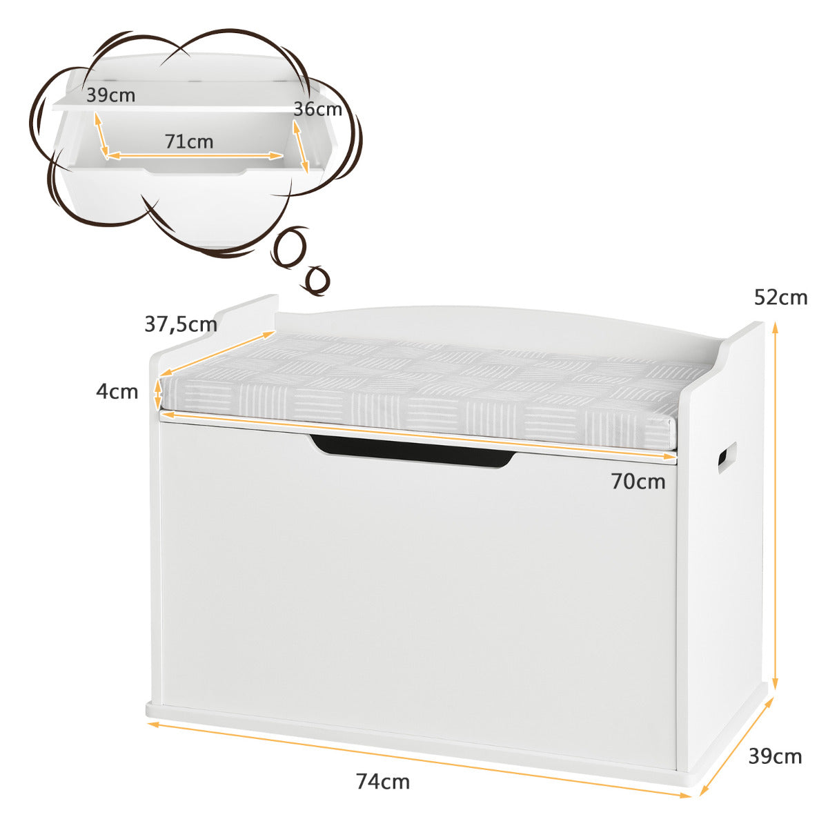 Baúl de Juguetes Cofre de Almacenamiento con Tapa Elevable Caja de Juguetes y Cofre con Banco Doble Uso como Banco Grande de Madera Blanco