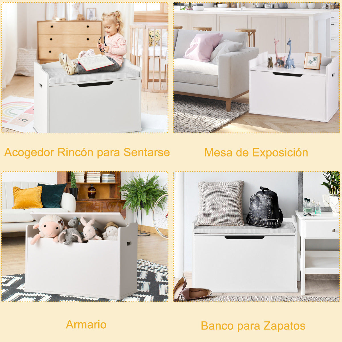 Baúl de Juguetes Cofre de Almacenamiento con Tapa Elevable Caja de Juguetes y Cofre con Banco Doble Uso como Banco Grande de Madera Blanco