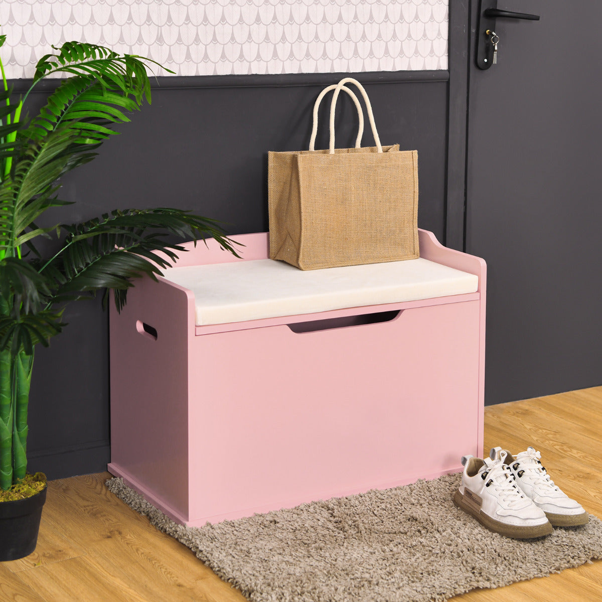 Baúl de Juguetes Cofre de Almacenamiento con Tapa Elevable Caja de Juguetes y Cofre con Banco Doble Uso como Banco Grande de Madera Rosa
