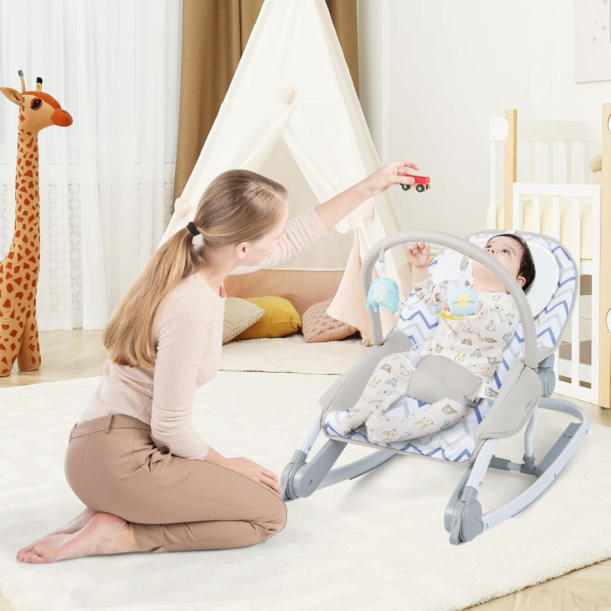 Mecedor 2 en 1 para Bebés para 0-6 Meses Balanceador Portátil con Respaldo Ajustable y Asiento Desmontable Silla Estacionaria Plegable Gris