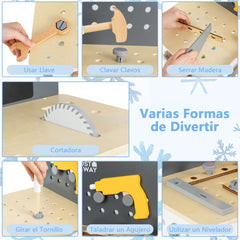 Banco de Herramientas para Niños Banco de Trabajo de Madera con Panel Perforado Pizarra y Estante Juego de Juguete Montessori para 3+ Años