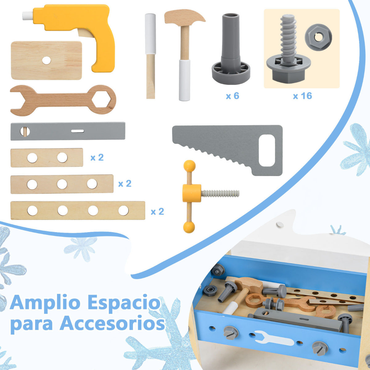 Banco de Herramientas para Niños Banco de Trabajo de Madera con Panel Perforado Pizarra y Estante Juego de Juguete Montessori para 3+ Años